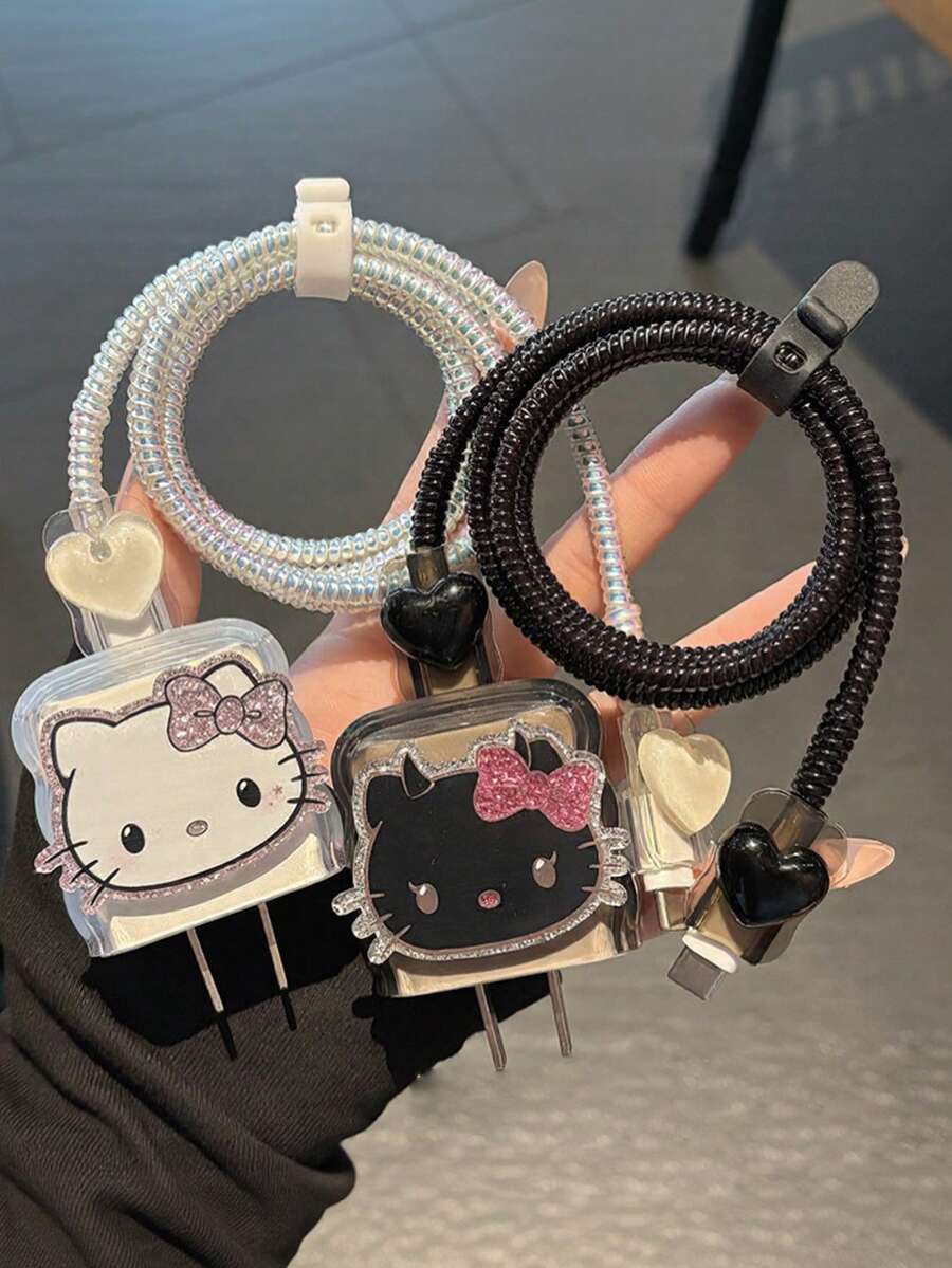 SANRIO Juego de almacenamiento y protección de cable de datos Hello Kitty con purpurina para Apple, compatible con cables de datos de carga rápida de 20W para teléfonos Apple - Multicolor - Ver 1