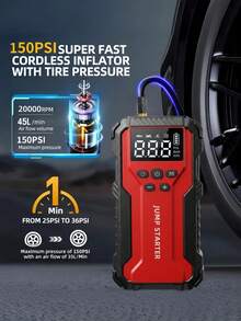 Car Battery Jump Starter With 150PSI Air Pump, Portable Car Emergency Jump Starter, Car Battery Air Pump With Auto Shut-Off Function, Includes Jump Cables And Lighting - J33 - View 5