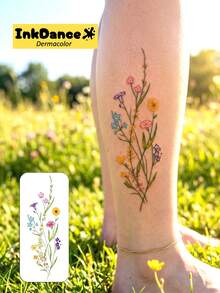 1 Kit "Colorful Wildflower Bouquet" Temporary Tattoos, Floral Stem Fake Tattoos, Fine Line Waterproof, Authentic Tattoo Look, Colorful, Easy To Apply And Remove CSD077 - Multicolor - View 2