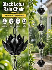 1pc 47.24 Inch Black Lotus Metal Rain Chain, Downspout Drainage Diverter For Rainwater Collection, Functional Decorative Hanging Ornament, Thickened Iron Craft For Outdoor Garden Villa Yard Decor - Lotus - View 8