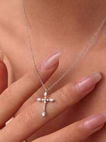 1 Stück S925 Sterling Silber personalisierte minimalistische Kreuz Halskette, Damen Mode vielseitige Schlüsselbein Kette, Pendeln & Date cooler Nischen-Vibe Schmuck, geeignet als Jahrestag Geburtstagsgeschenk für Mädchen, exquisites kleines Geschenk - kreuzen - Übersicht 2