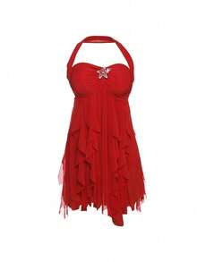 Vestido corto de mujer nuevo, cuello halter sexy, espalda descubierta y falda irregular - Burdeos - Ver 6