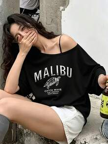 時尚女款露肩短袖T恤，裝飾馬里布海龜圖案，聚酯纖維高彈性修身下擺上衣 - 黑色 - 查看 3