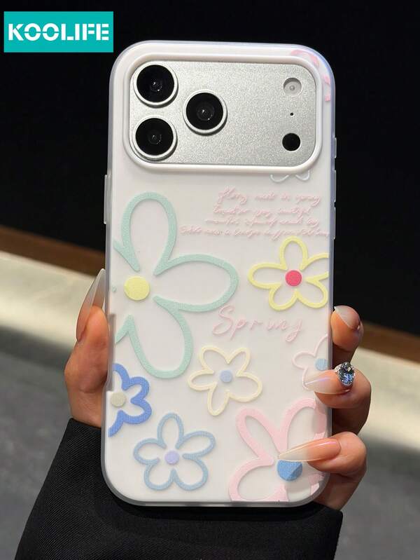 KOOLIFE 1pc Beige Base Colorful Outline Floral Phone Case, Contrast Color Camera Frame Spring Letter Print, TPU+PC Smooth Shockproof Protective Shell, Fresh Pastoral Style Ins Spring Aesthetic, Raised Anti-Scratch Lens Frame Gift Case, For Iphone18pro/18pro Max/17/17pro/17promax/16/15/14/13