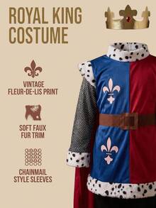 4 piezas Disfraz de Rey Medieval para Niños: Túnica + Corona + Capa + Pantalones, Adecuado para Actuaciones Escolares y Temas Históricos - Multicolor - Ver 5