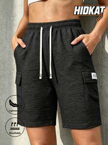 Hidkat Damen Sommer Lässig Strand Bermuda Shorts, leicht und atmungsaktiv, knitterfreie Textur, elastischer Bund mit Kordelzug, mehrere Taschen, geeignet für tägliche Lässig, Outdoor, Strand, Urlaub, Sport und andere Outfits - Schwarz - Übersicht 1