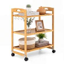 3-Tier Utility Cart 4-Wheel Mobile Shelving Organizer With 3 Hanging Hooks For Kitchen Living Room Bathroom Study - A - View 1