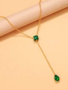 outingfit 1pc New Vintage Geometric Shape Emerald Green Square Rhinestone Necklace With Water Drop Pendant Accessory For Women - Gold - View 4