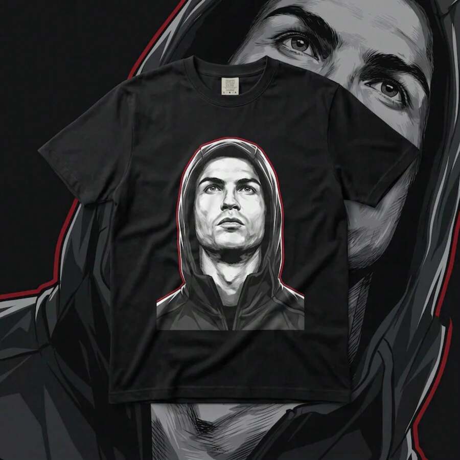 Graphic Tee, Portugal Football Fan Shirt, Garment-Dyed Cotton - Black - View 1