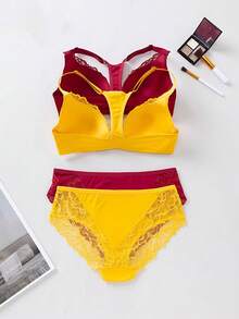 2 Sets Women's Elegant Front-Closure Lace Backless Bra And Lace Triangle Panty Bra Set, Comfortable One-Piece Bra Set - Multicolor - View 2