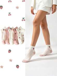 5 Pairs Women's Cute Sweet Breathable Strawberry Cherry Rabbit Pattern Short Invisible Ankle Socks, Casual Fashion White Pink, Suitable For Spring, Summer And All Seasons Wear - Multicolor - View 1
