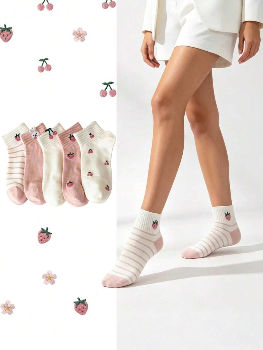 5 Pairs Women's Cute Sweet Breathable Strawberry Cherry Rabbit Pattern Short Invisible Ankle Socks, Casual Fashion White Pink, Suitable For Spring, Summer And All Seasons Wear - Multicolor - View 1