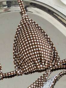 Spring Summer Women's 2-Piece Plaid Print Sexy Bikini Set, Women's Vacation Outfit, Summer Clothing, Pool Party, Beach Vacation, Beach Fashion Brown - Brown - View 5