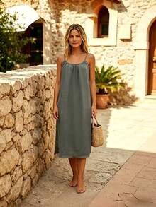 Perfect For Your Vacation! Midi Dress With Thin Straps, Open Back With Drawstring, Lightweight Fabric That Flatters Your Figure. - 灰色 - 查看 4