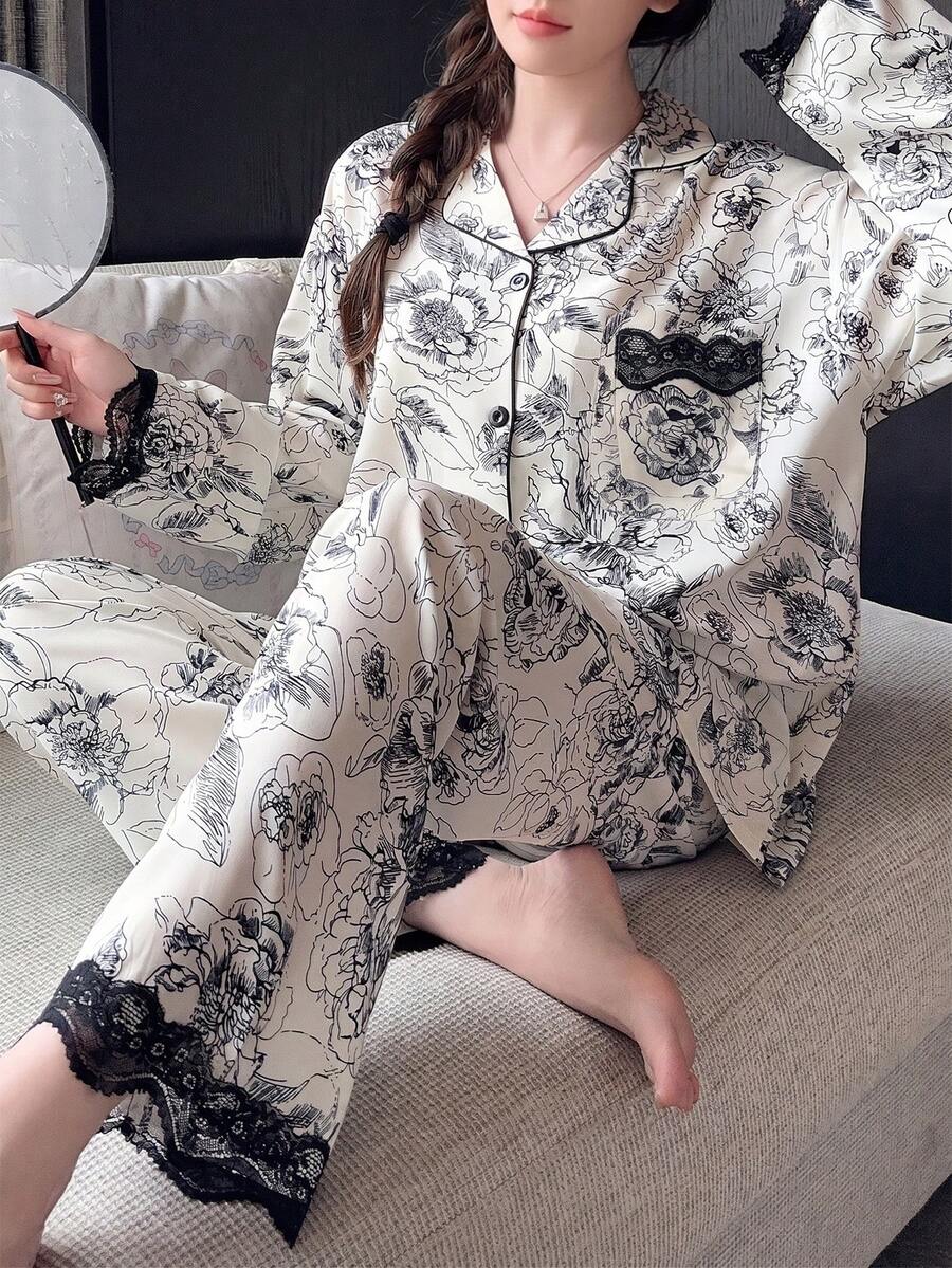 2pcs Lace Trim Contrast Color Long Sleeve & Pants Pajama Set, Ditsy Floral Casual Loungewear For All Seasons - Black and White - View 1