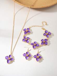 1 Set Cute Sweet Vacation Style Enamel Flower Necklace, Bracelet And Earrings Set, Can Be Layered Or Worn Separately, Suitable For Holiday Travel, Dating, Beach Vacation And Daily Wear, - Purple - View 4