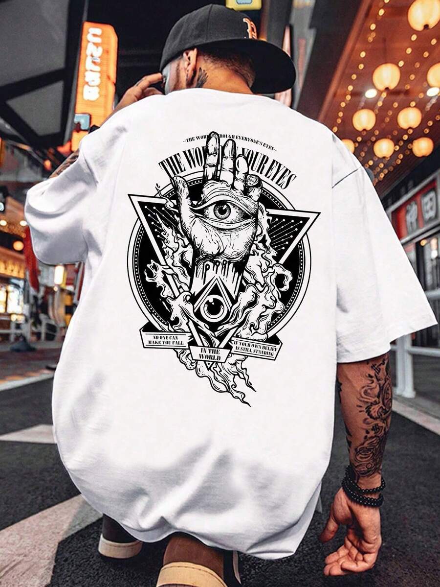Manfinity Dauomo Camiseta casual de verano de manga corta con cuello redondo y estampado de ojos para hombre con eslogan - Blanco - Ver 1