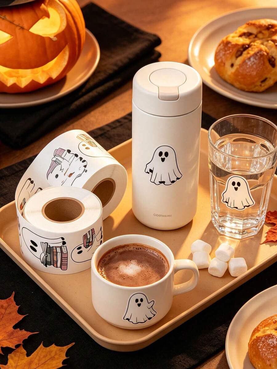 Halloween Book Ghost Roll Stickers, Cute & Quirky Reading Ghost Label Stickers For Gift Decoration - A - View 1
