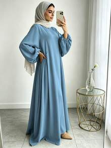 1pc Minimalist Pleated Elegant Long Sleeve Robe, Suitable For Daily Wear And Gatherings (Abaya) - Multicolor - View 1