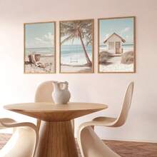 3Pcs Neutral Boho Beach Canvas Wall Art, Palm Swing, Beach Basket & Coastal Hut Prints, Calm Coastal Farmhouse Decor For Living Room Bedroom, Soft Tropical Home Decoration, Frameless - 834 - View 8