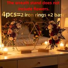 Hexagonal Metal Wreath Stand With Wooden Base, Gold Geometric Wreath Holder, Suitable For Dried Flower Decoration, Tabletop Centerpiece, Ideal For Home Living Room, Wedding Party, Valentine's Day, Wreath Stand Does Not Include Flowers - View 13