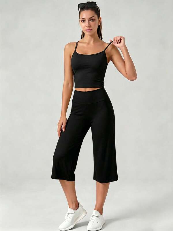 YZMJAFU Women's 2-Piece Yoga Set, Ruched Camisole Top (Built-In Bra) + High-Waisted Wide Leg Capri Pants, Casual Fitness Home Workout Outfit