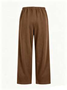 Autumn/Winter Green Suede Old Money Style Wide Leg Pants, Elastic Waist With Drawstring, Loose Drape Casual Pants, Slouchy Women's Long Pants Brown - Brown - View 5