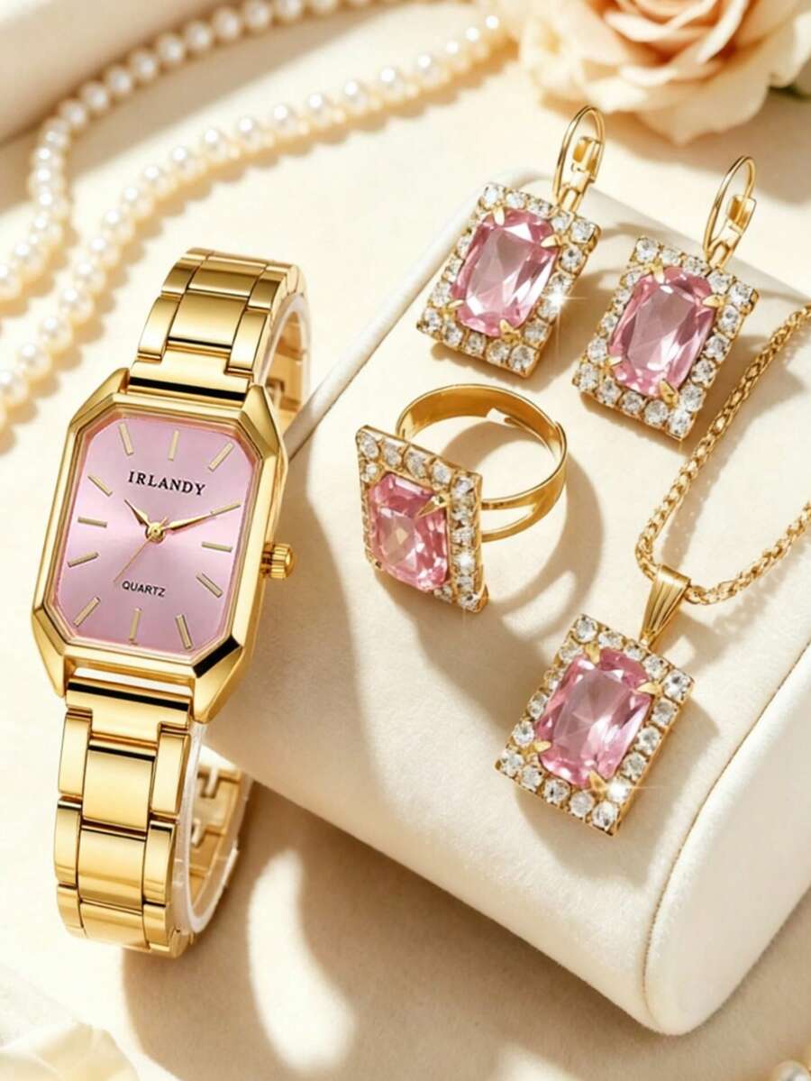5件組女款金色羅馬數字手錶配鋼製錶帶與珠寶套組,平價奢華生日或畢業禮物 - 金色 - 查看 1