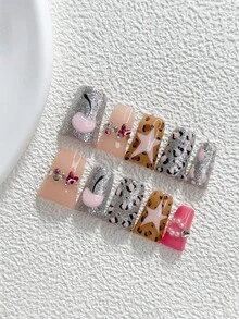 10片裝 Y2K 風格手工穿戴甲，Polygel 凝膠美甲套組，櫻桃、蝴蝶、星星、棕色與銀色指甲油設計，甜美酷帥風格，附美甲工具，3 種尺寸可選，杏仁形、鴨嘴形、棺材形，適合派對、舞蹈、日常配戴 - 彩色 - 查看 20