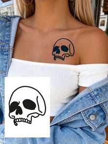 4PCS Herbal Juice Semi-Permanent Tattoo Stickers Gothic Skull Pattern 14 Days No Fading Music Festival Party Gift Arm Leg Shoulder Neck Collarbone Body Temporary Tattoo Stickers - Blue - View 3