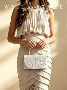 Elegant Silver Satin Pleated Evening Clutch Bag With Rhinestone And Pearl Handle, High-End Bridesmaid Wedding Dress Bag, Sophisticated Lady Crossbody Small Square Bag With Detachable Chain, Suitable For Formal Banquets, Balls, Parties, Holiday Celebrations, Dates, Social Events, Anniversary, Valentine's Day, Christmas, Mother's Day, Thanksgiving, Birthday Gift - Silver - View 6