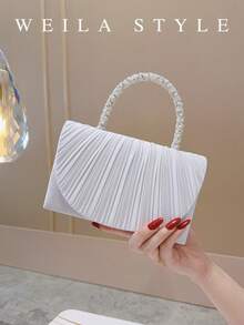 Elegant Silver Satin Pleated Evening Clutch Bag With Rhinestone And Pearl Handle, High-End Bridesmaid Wedding Dress Bag, Sophisticated Lady Crossbody Small Square Bag With Detachable Chain, Suitable For Formal Banquets, Balls, Parties, Holiday Celebrations, Dates, Social Events, Anniversary, Valentine's Day, Christmas, Mother's Day, Thanksgiving, Birthday Gift - Silver - View 12