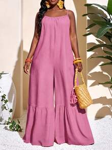 Women's Sleeveless Spaghetti Strap Jumpsuit, Ruffle Hem, Non-Stretch Long Summer Jumpsuit - Pink - View 4