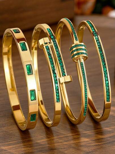 4/1 Pc New High-Quality Stainless Steel Green Geometric Zirconia Women's Bracelet Jewelry Set, 18K Gold Plated, Fashionable Four-Leaf Clover Bracelet, Stackable Or Wear Alone, Sparkling Zirconia, Fade-Resistant, Stackable Or Wear Alone, Women's Jewelry, Accessories, Stackable, Suitable For Women's Gatherings And Daily Wear, European And American Style, Personalized, Luxurious Cubic Zirconia Bracelet, Wedding Jewelry Set, Exquisite Wedding, Birthday, Valentine's Day Gift