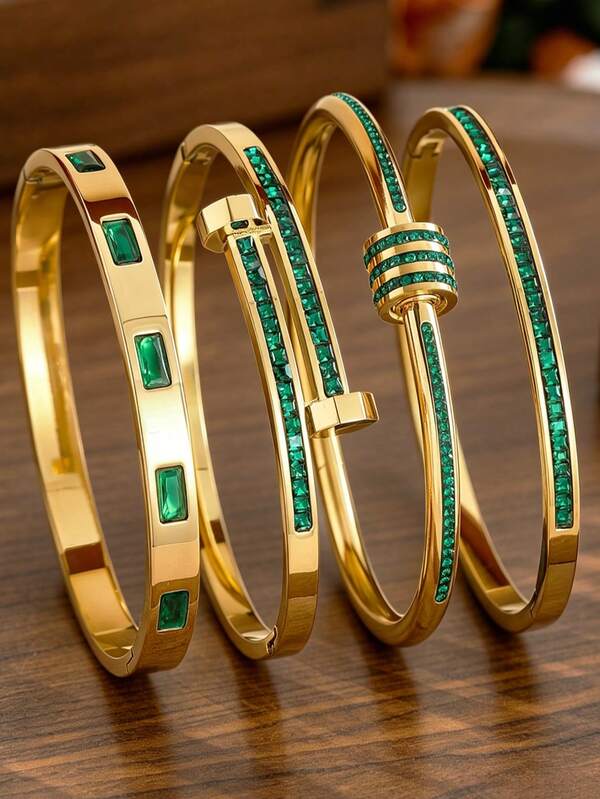 4/1 Pc New High-Quality Stainless Steel Green Geometric Zirconia Women's Bracelet Jewelry Set, 18K Gold Plated, Fashionable Four-Leaf Clover Bracelet, Stackable Or Wear Alone, Sparkling Zirconia, Fade-Resistant, Stackable Or Wear Alone, Women's Jewelry, Accessories, Stackable, Suitable For Women's Gatherings And Daily Wear, European And American Style, Personalized, Luxurious Cubic Zirconia Bracelet, Wedding Jewelry Set, Exquisite Wedding, Birthday, Valentine's Day Gift