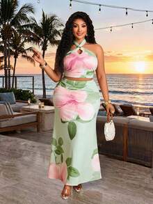 BIUBIU Plus Size Light Green Floral Print Two Pieces Set, Halter Keyhole Back Tie Crop Top & High Waist Mermaid Long Skirt Stretch Matching Outfit Elegant - Pink Flowers On Green Background - View 1
