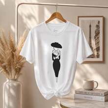 French-Inspired Fashion Sketch Design T-Shirt 2026 | Streetwear Art Tee | Cute White Summer T-Shirt, Clothing, Casual Wear, Comfortable T-Shirts - 白色 - 查看 1