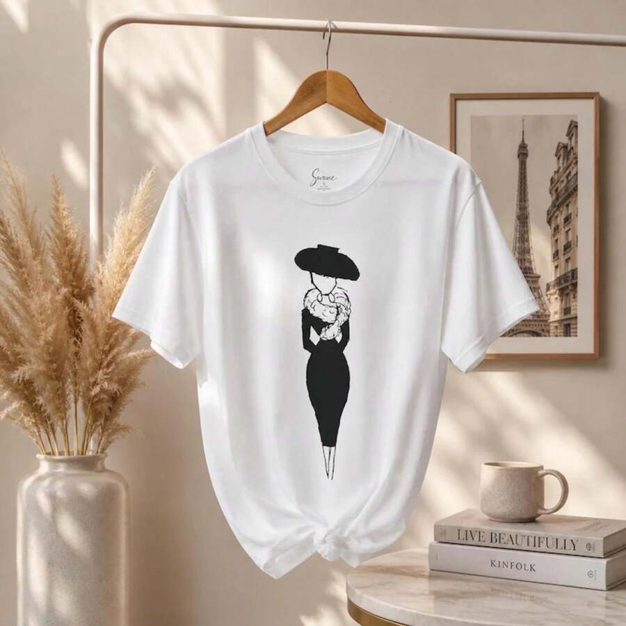 French-Inspired Fashion Sketch Design T-Shirt 2026 | Streetwear Art Tee | Cute White Summer T-Shirt, Clothing, Casual Wear, Comfortable T-Shirts - 白色 - 查看 1