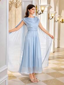 Women's Solid Color Draped Neckline And Extra Long Sleeve Elegant Romantic Dress - Baby Blue - View 5