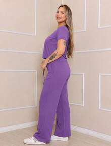 Women's Set Of Wide Leg Pants And Comfortable Sweatshirt Top Summer - 紫丁香色 - 查看 2