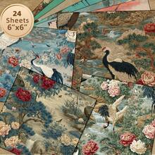 24 Sheets 6*6 Inch Chinese Crane & Peony Decorative Paper, Vintage National Style Scrapbooking Background Paper, Gift Box Packaging, Greeting Card Making Material - Square - View 11