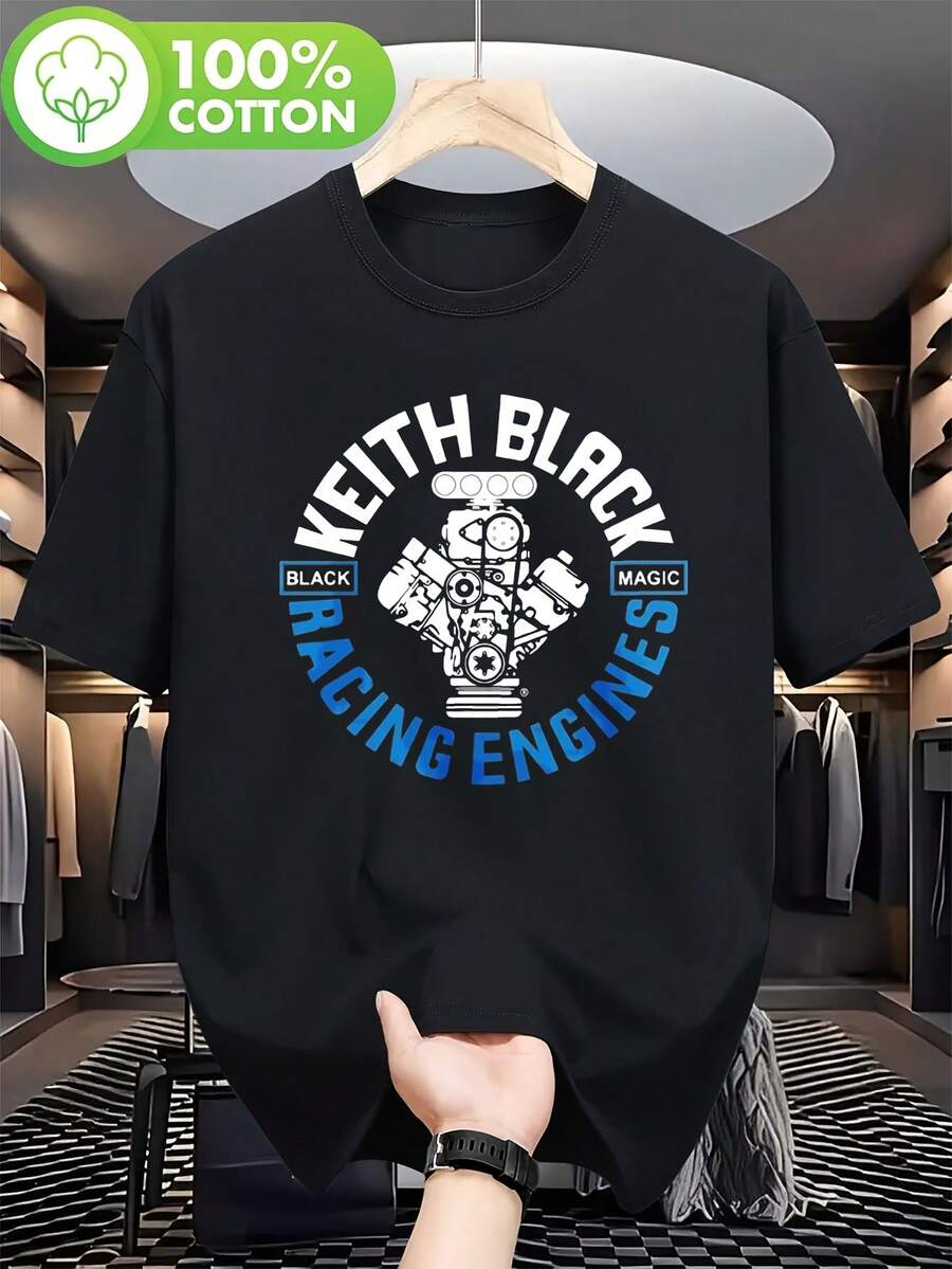 Keith Racing Engines Men's Black Graphic T-Shirt - 100% Cotton Short Sleeve T-Shirt With 6128 Engine Design, Comfortable 180G Printed Crew Neck Short Sleeve T-Shirt - 黑色 - 查看 1