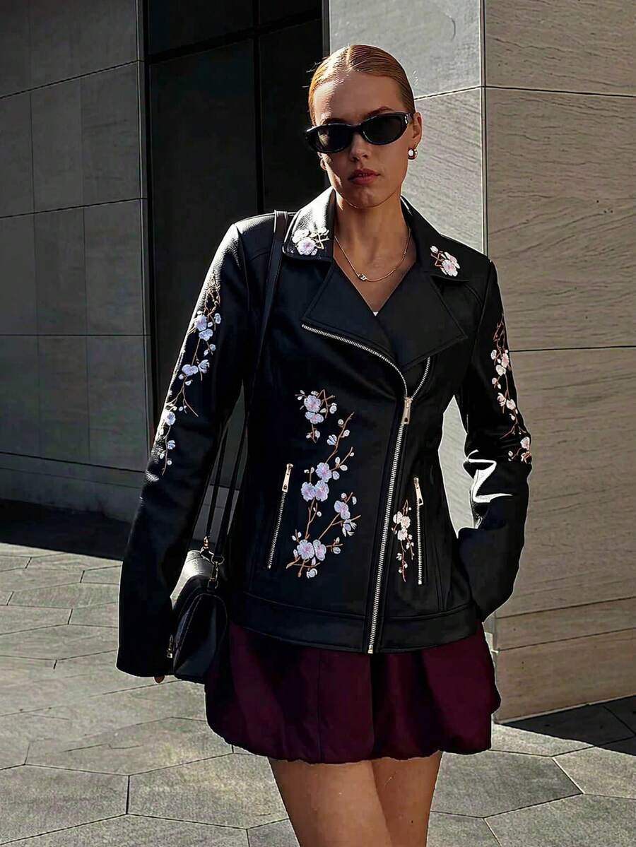 Risissida Women's Vintage PU Motorcycle Jacket (Embroidered Style) - Elegant And Fashionable, Perfect Jacket For Spring And Autumn Black Fall - Black - View 1