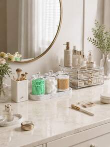 Bathroom Vanity Storage Box Set, Transparent Cotton Swab Storage Container Three Pieces Set With Marble Tray, Cotton Pad, Cotton Ball, And Toothpick Dispenser, Vanity Tabletop Storage Box, Cosmetic Storage Rack - Multicolor - View 2