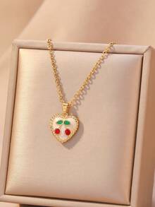 1 pieza Collar vintage lindo de cereza y fresa colorida con circonita, artesanía de esmalte - Regalo de Navidad, Día de San Valentín, Día de la Madre, adecuado para el uso diario de las mujeres o para ocasiones de fiesta, se puede combinar con colgante, collar de acero inoxidable, collar estilo Y2K, collar de oro para mujer, collar para mujer - Multicolor - Ver 6