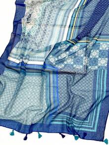 1 buah Syal Bermotif Sederhana, Syal Sutra Wanita Baru, Musim Semi dan Musim Panas, Pelindung Matahari, Selendang Pantai, Syal Kepala Serbaguna dan Modis - Biru - View 8