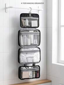Sleek Toiletry Travel Organizer With Sturdy Hook 4-Fold Cosmetic Bag For Families Wash Pouch For Business Trips And Daily Use, Space Saving - Black - View 3