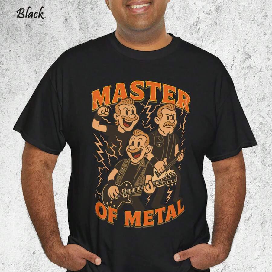 Camiseta Retro de Dibujos Animados Master of Metal, Camiseta con Gráficos de Música Rock - Negro - Ver 1