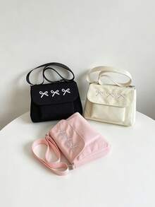 甜美刺繡蝴蝶結布料小方包，女孩百搭休閒斜挎包，日常單肩包 - A - 查看 2