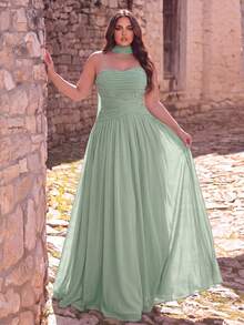 Faeriesty Elegant Plus Size Strapless Evening Gown - Ruched Bodice Design, Open Back Design, Fluid Cut Party Wedding Fall - Green - View 5